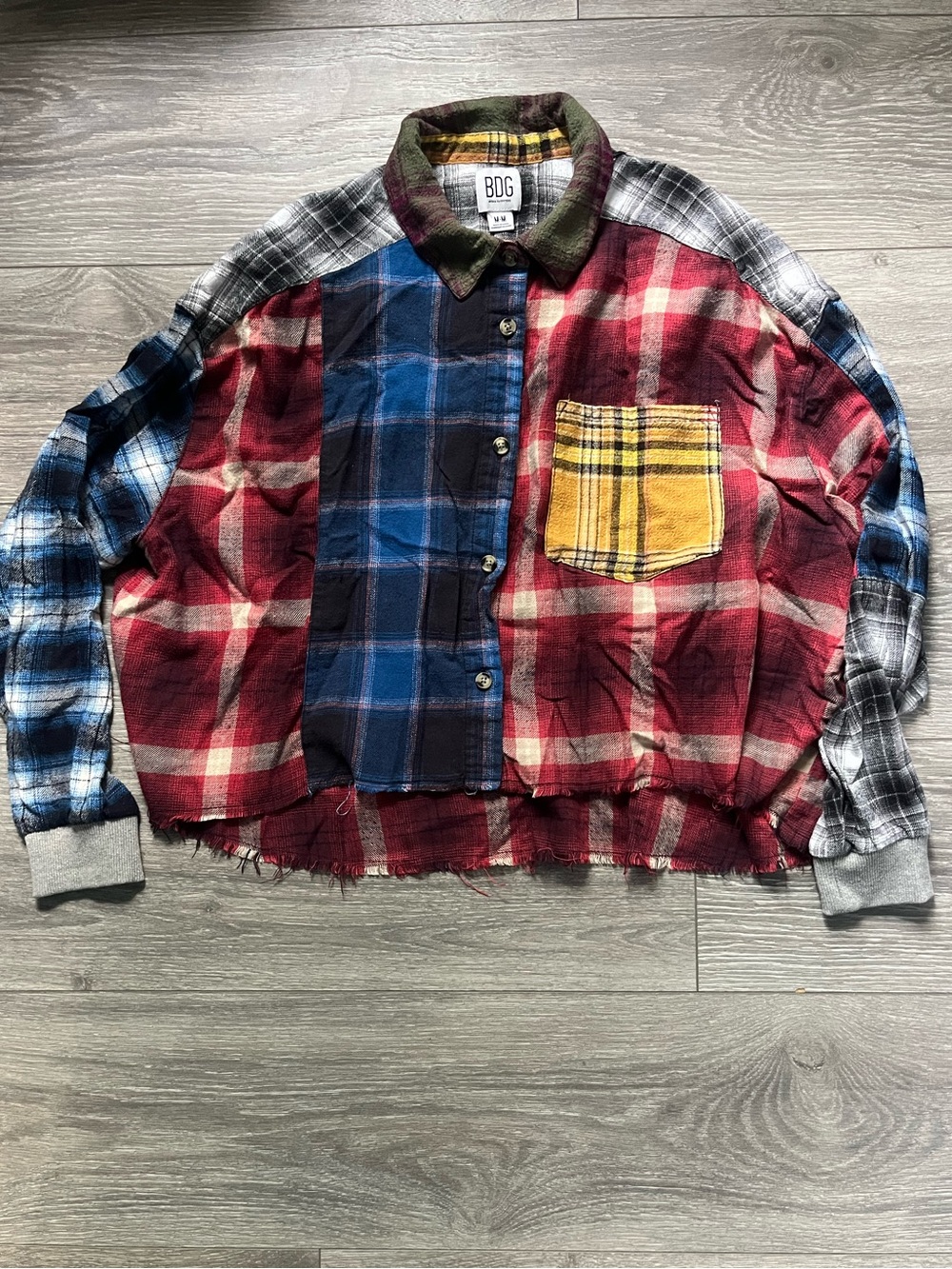 BDG Women's Mixed Plaid Button-Up Shirt Jacket - Red, Blue, Yellow Accents